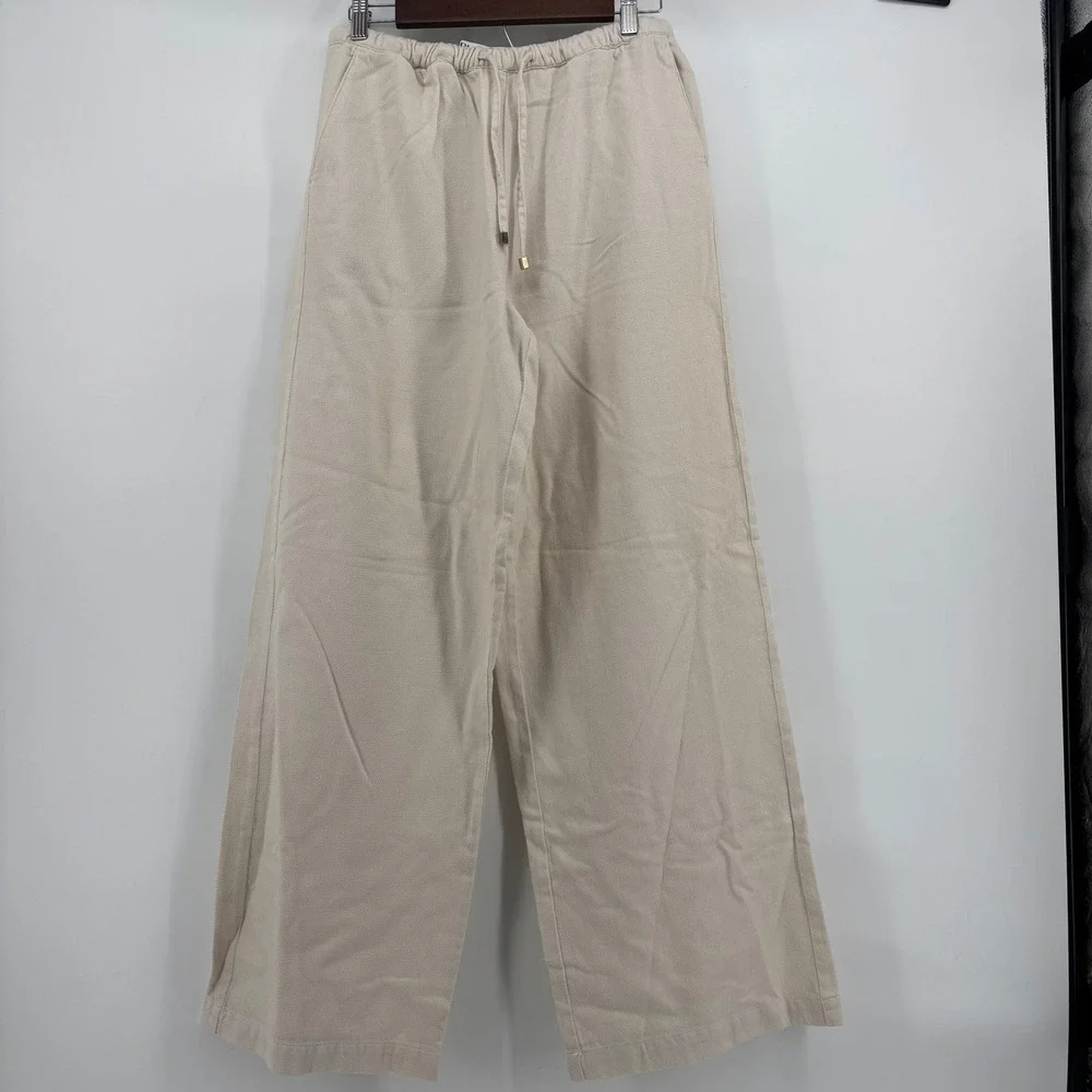 Zara Wide Leg Trousers Women Large Cream Bohemian Chic Drawstring Textured Twill
